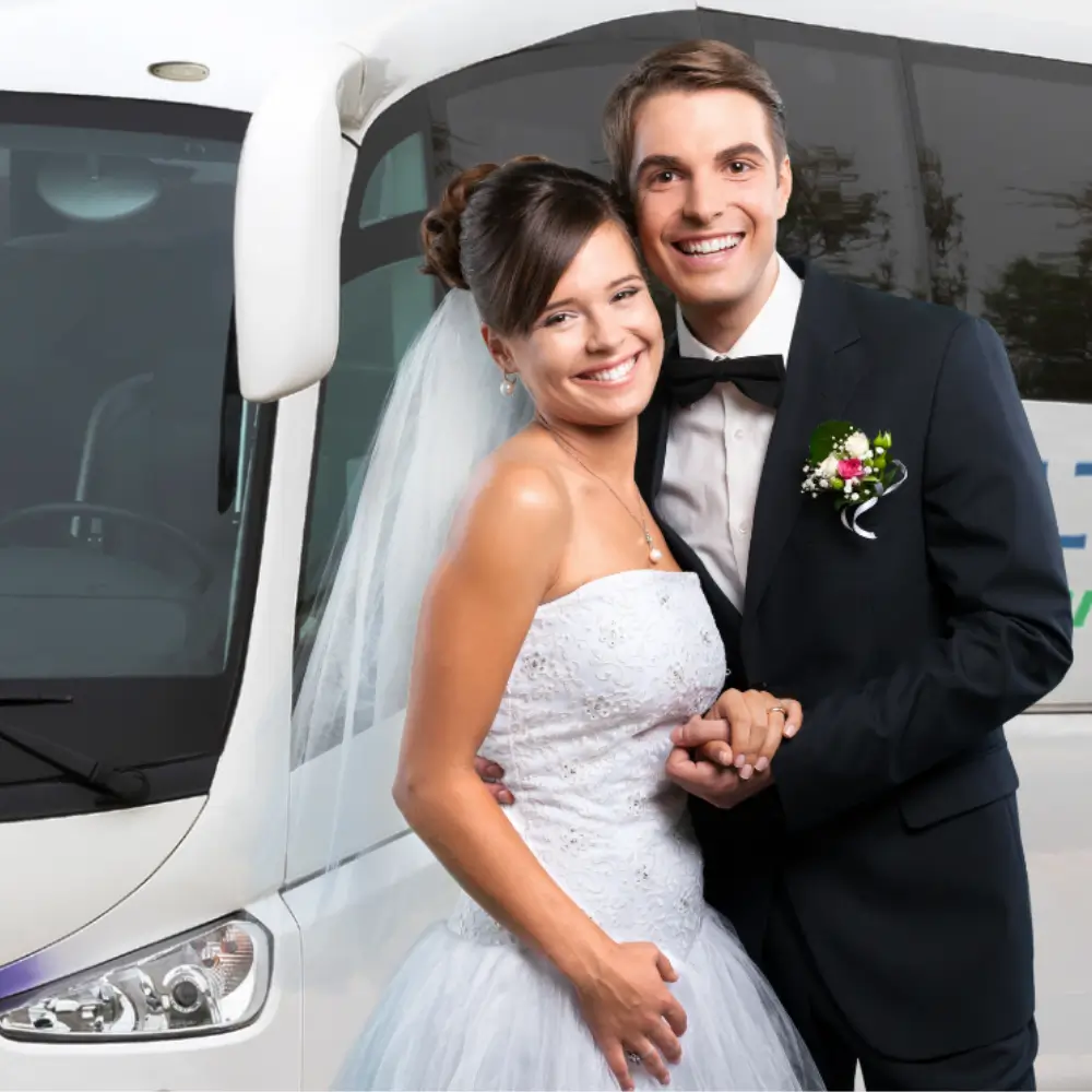 a man and woman in wedding attire